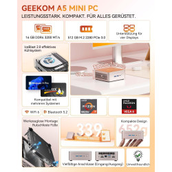 GEEKOM Mini PC A5 2025 Edition mit AMD Ryzen 5 7430U,16GB RAM 512GB SSD, Windows 11 Pro, Ultra-leiser kompakter Desktop-PC mit