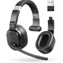 TECKNET Bluetooth Headset mit Mikrofon, Noise Cancelling Single und Dual Over Ear Headset Kabellos mit USB Dongle, 3 EQ