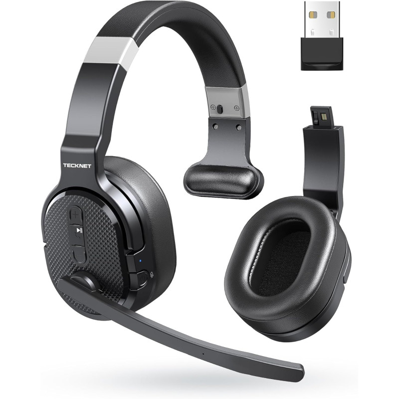 TECKNET Bluetooth Headset mit Mikrofon, Noise Cancelling Single und Dual Over Ear Headset Kabellos mit USB Dongle, 3 EQ