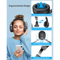 TECKNET Bluetooth Headset mit Mikrofon, Noise Cancelling Single und Dual Over Ear Headset Kabellos mit USB Dongle, 3 EQ