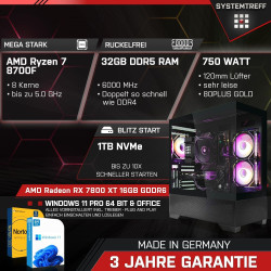 SYSTEMTREFF Gaming Komplett PC Set AMD Ryzen 7 8700F 8x5GHz | AMD Radeon RX 7800 XT 16GB DX12 | 1TB M.2 NVMe | 32GB DDR5 RAM |
