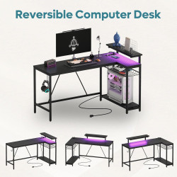 Bestier Gaming-Eckschreibtisch L-Form 106,5 cm – mit LED, Steckdosen, 2 Regalen & Haken – Umkehrbarer Computertisch für kleines