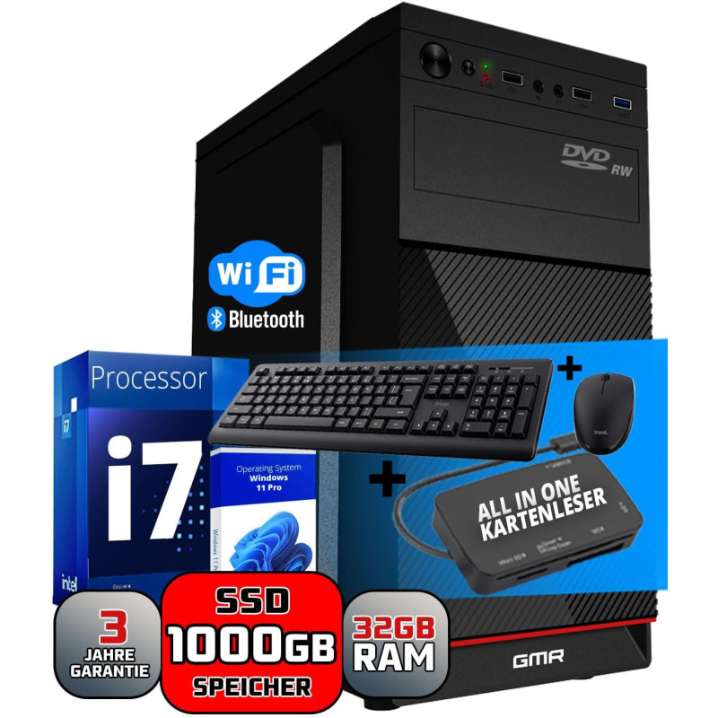 GMR Ultra i7 Business Office PC - Schneller Rechner | 3 Jahre Garantie | 32 GB RAM | 1000GB SSD | DVD±RW | USB 3 | Windows 11