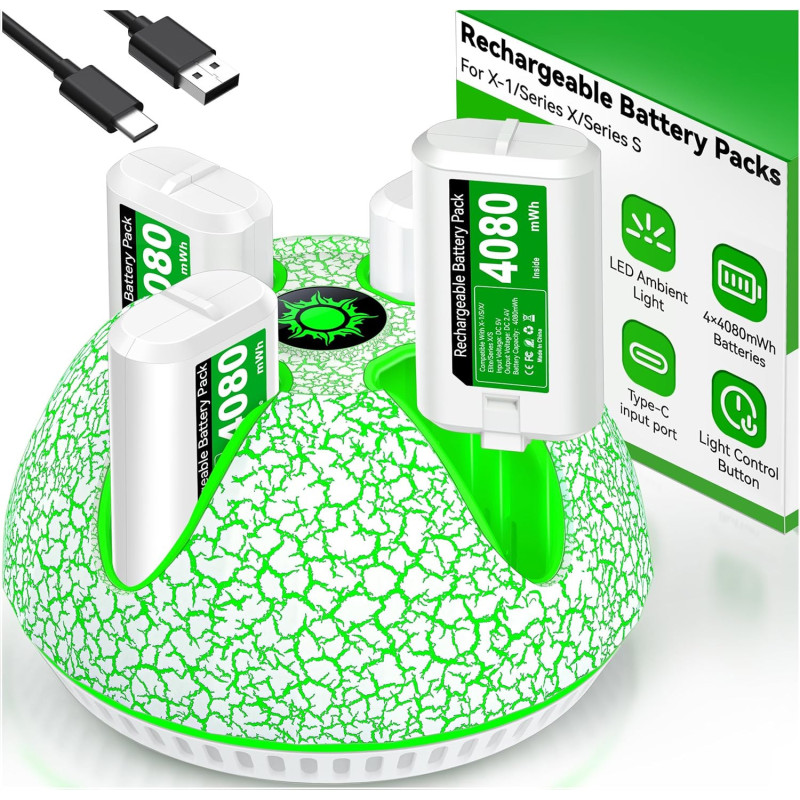 Akku für Xbox Series/One X/S Controller, 4 X 4080mWh Wiederaufladbare Akku mit Atmosphäre Licht/15 Std Spielzeit, Akku Pack Akku für Xbox Series/One X/S Controller, 4 X 4080mWh Wiederaufladbare Akku mit Atmosphäre Licht/15 Std Spielzeit, Akku Pack