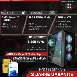 SYSTEMTREFF Basic Gaming Komplett PC Set AMD Ryzen 7 5700G 8x4.6GHz | AMD Radeon RX Vega 8 4K HDMI DX12 | 512GB M.2 NVMe | 16GB