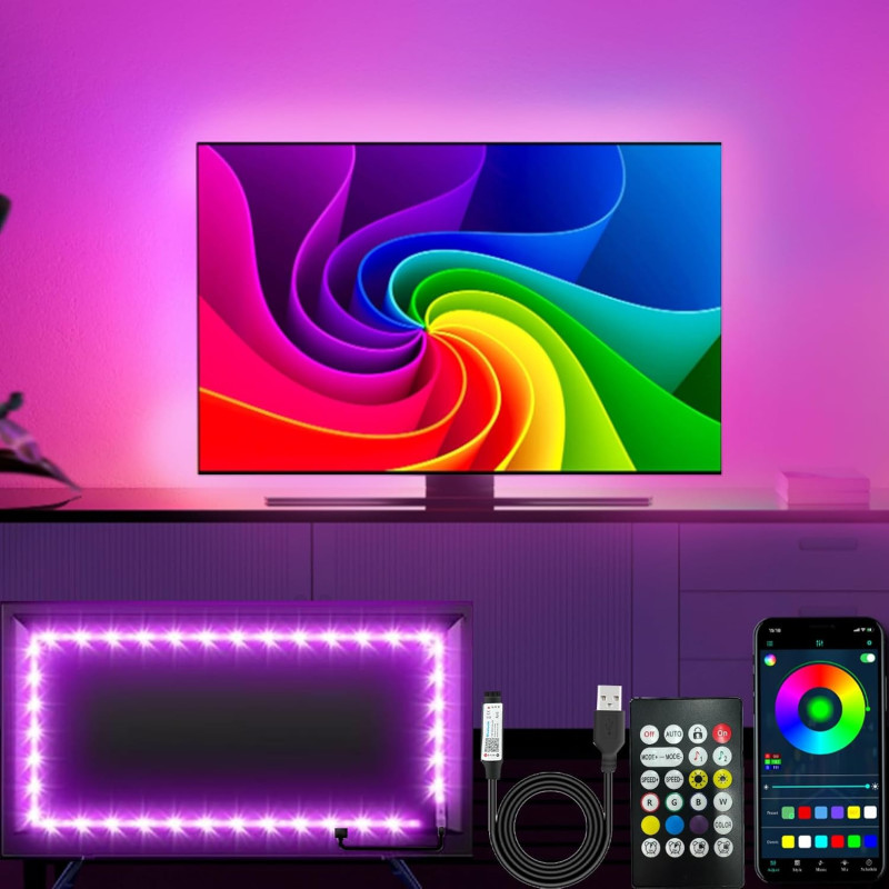 httpsmp TV LED Lichter, 4M TV LED Lichter für 40-65 Zoll, LED TV Hintergrund mit Bluetooth Funktion - RGB Farbwechselnder