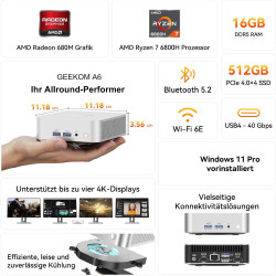 GEEKOM A6 Mini PC, 3-Jahre-Support, mit AMD Ryzen 7 6800H | Metallgehäuse | 16GB DDR5 RAM 512GB SSD, Mini Desktop PC für