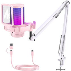 MAONO Gaming Mikrofon Rosa mit Geräuschunterdrückung, Computer PC Kondensatormikrofon mit RGB-Licht, Mute, Gain, Überwachung für