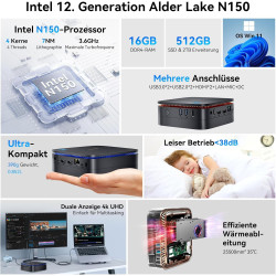 Blackview MP60 Mini PC Win 11 Pro, Intel Twin Lake N150, 16GB DDR4 RAM 512GB M.2 SSD, 4K@60HZ UHD Dual Display HDMI, Dual