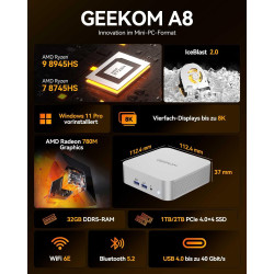 GEEKOM A8 Mini PC mit AMD Ryzen 7 8745HS(3-Jahren-Garantie), 32GB DDR5&1TB SSD Windows 11 Pro Mini Computer, AMD Radeon 780M |