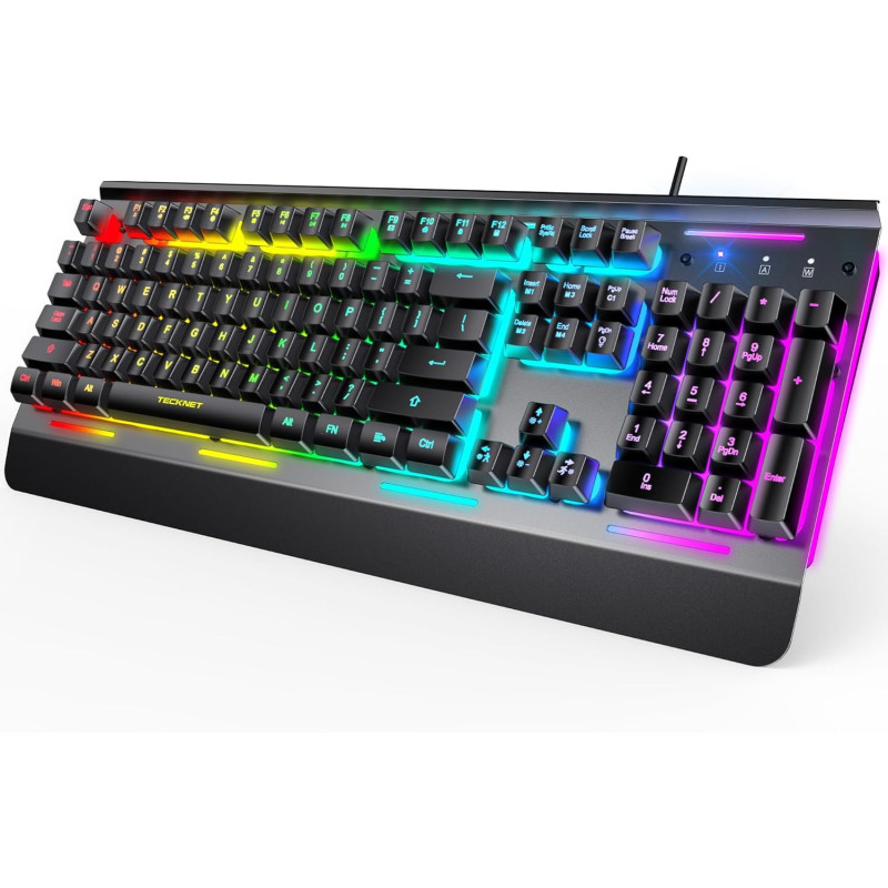 TECKNET RGB Gaming Tastatur für PC, Membran Tastatur mit 105 Tasten, Vollmetall-Pane, Handgelenkauflage,15-Zonen RGB