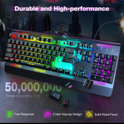 TECKNET RGB Gaming Tastatur für PC, Membran Tastatur mit 105 Tasten, Vollmetall-Pane, Handgelenkauflage,15-Zonen RGB
