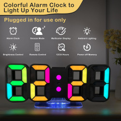 Seutgjie 3D LED Digitalwecker, Tischuhr/Wanduhr Digital Uhr 14 RGB Farbwechsel 12/24 Stunden 3 Helligkeitsanpassungen