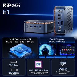 NiPoGi AK1PLUS Mini PC Ιntel Alder Lake-Ν N95(bis zu 3,4 GHz) 8GB DDR4 256GB SSD,Micro PC, 2,5-Zoll-SSD/Gigabit Ethernet/2.4+5G