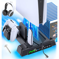 PS5/PS5 Slim/PS5 Pro Ständer mit 3 stufig Lüfter und Licht, PS5 Standfuß mit 4 USB Ports/Controller Ladestation/Headset