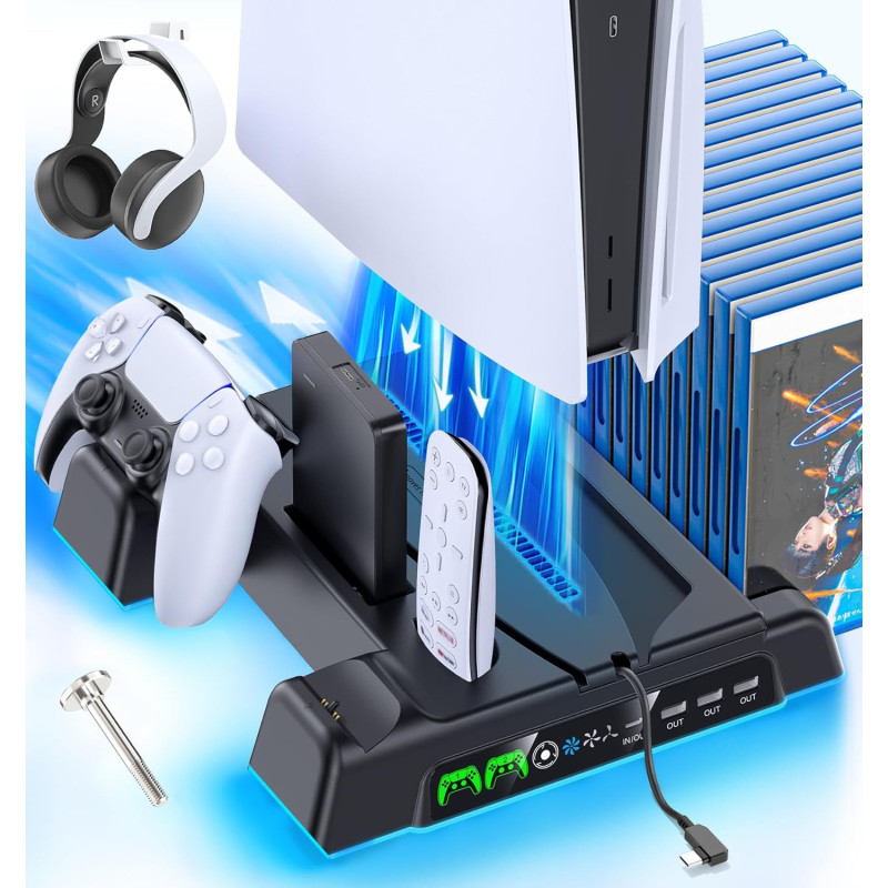 PS5/PS5 Slim/PS5 Pro Ständer mit 3 stufig Lüfter und Licht, PS5 Standfuß mit 4 USB Ports/Controller Ladestation/Headset