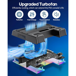 PS5/PS5 Slim/PS5 Pro Ständer mit 3 stufig Lüfter und Licht, PS5 Standfuß mit 4 USB Ports/Controller Ladestation/Headset