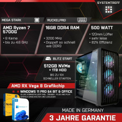 SYSTEMTREFF Basic Gaming PC AMD Ryzen 7 5700G 8x4.6GHz | AMD Radeon RX Vega 8 4K HDMI DX12 | 512GB M.2 NVMe + 1TB HDD | 16GB