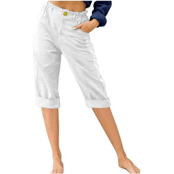AACH Leinenhose Damen Sommer 3/4 Sommerhose Leicht Dreiviertel Hose Caprihose Luftige Freizeithose High Waist Stoffhose