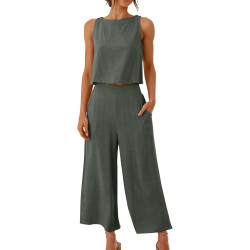 AACH Damen Zweiteilige Outfits Lässiges Sommer Outfits Leinen Crop Tank Top und Hose 2-teilige Rundhals Ärmelloses Freizeitanzug