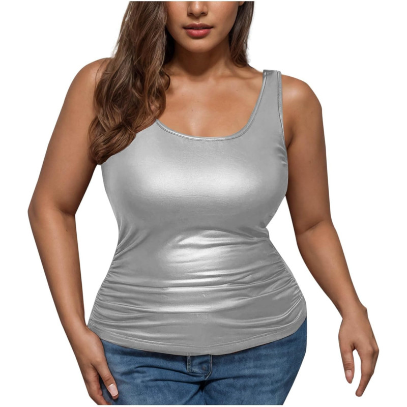 AYSDSKI Shiny Unterhemd Damen Einfarbig Tank Top Skinny Passform Wetlook Bluse U Ausschnitt Ärmellos Oberteile Seitenfalten