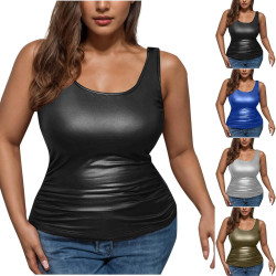 AYSDSKI Shiny Unterhemd Damen Einfarbig Tank Top Skinny Passform Wetlook Bluse U Ausschnitt Ärmellos Oberteile Seitenfalten