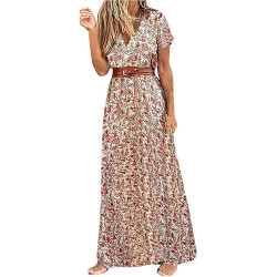 Generisch Sommerkleid Damen Boho Elegant V-Ausschnitt Kurzarm Maxikleid Drucken Sommer Kleid Lang Strandkleid Böhmisch