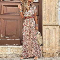 Generisch Sommerkleid Damen Boho Elegant V-Ausschnitt Kurzarm Maxikleid Drucken Sommer Kleid Lang Strandkleid Böhmisch