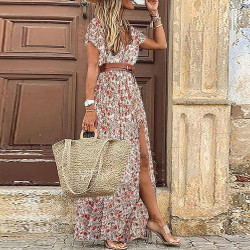 Generisch Sommerkleid Damen Boho Elegant V-Ausschnitt Kurzarm Maxikleid Drucken Sommer Kleid Lang Strandkleid Böhmisch