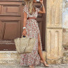Generisch Sommerkleid Damen Boho Elegant V-Ausschnitt Kurzarm Maxikleid Drucken Sommer Kleid Lang Strandkleid Böhmisch