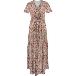 Generisch Sommerkleid Damen Boho Elegant V-Ausschnitt Kurzarm Maxikleid Drucken Sommer Kleid Lang Strandkleid Böhmisch