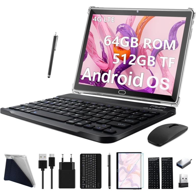 2025 Neueste Tablet 10 Zoll,3-in-1 Android Tablet Mit Tastatur Maus Stift, 4G LTE Tablets Mit 2 SIM 1 SD,64GB ROM 512GB