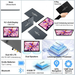 2025 Neueste Tablet 10 Zoll,3-in-1 Android Tablet Mit Tastatur Maus Stift, 4G LTE Tablets Mit 2 SIM 1 SD,64GB ROM 512GB