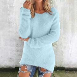 Generisch Pullover Damen Winter Fleece Flauschig Pulli Fleecepullover Lang Weich Langarmshirt Rundhalsausschnitt Warm Sweatshirt