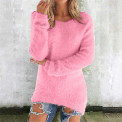 Generisch Pullover Damen Winter Fleece Flauschig Pulli Fleecepullover Lang Weich Langarmshirt Rundhalsausschnitt Warm Sweatshirt