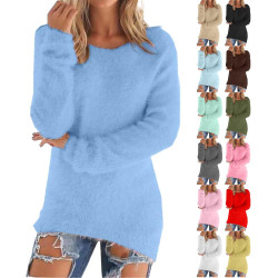 Generisch Pullover Damen Winter Fleece Flauschig Pulli Fleecepullover Lang Weich Langarmshirt Rundhalsausschnitt Warm Sweatshirt
