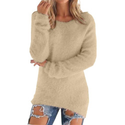 Generisch Pullover Damen Winter Fleece Flauschig Pulli Fleecepullover Lang Weich Langarmshirt Rundhalsausschnitt Warm Sweatshirt