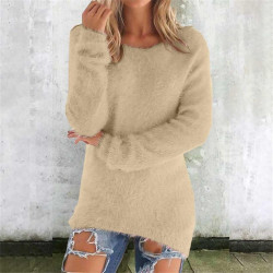Generisch Pullover Damen Winter Fleece Flauschig Pulli Fleecepullover Lang Weich Langarmshirt Rundhalsausschnitt Warm Sweatshirt