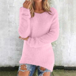 Generisch Pullover Damen Winter Fleece Flauschig Pulli Fleecepullover Lang Weich Langarmshirt Rundhalsausschnitt Warm Sweatshirt