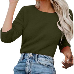 Generisch Pullover Damen Winter Fleece Flauschig Pulli Fleecepullover Lang Weich Langarmshirt Rundhalsausschnitt Warm Sweatshirt