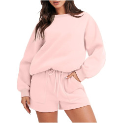 HXRYPG Zweiteiler Damen Jogginganzug Lässig Sweatshirt und Shorts Sport Trainingsanzug Langarm Hausanzug Pullover Oversize