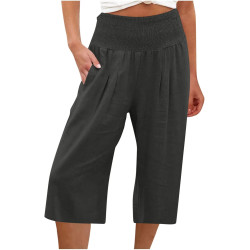 Damen Leinenhose Musselin Kurze Hose 3/4 Leinen Caprihose Leichte Sommerhose Schlupfhose Elastische Shorts Stoffhose Strandhose