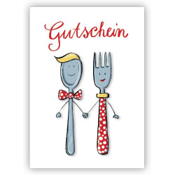Kartenkaufrausch: Liebevoller Gutschein zum Essen mit Herrn und Frau Löffel und Gabel • Premium Grusskarte mit Umschlag für