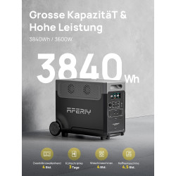 AFERIY 3840Wh Tragbare Powerstation, 3600W Solargenerator LiFePO4 mit USV, 3x230V AC Ausgang 3600W (7200W Peak), Stormerzeuger