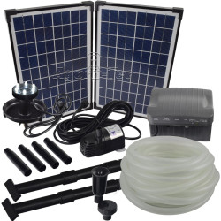 Agora-Tec® at-Solar Bachlaufpumpen - Set 20W-BLH mit Akku und 6- Fach LED Ring inklusive 9 Meter Bachlaufschlauch und LED