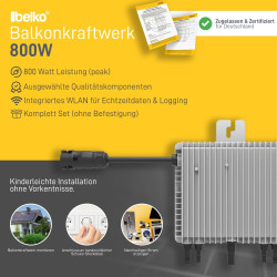 Belko® Balkonkraftwerk 830Wp Komplettset, 2 x 415W Trina Solar Full Black Module, 800W Wechselrichter mit WiFi, Smarte