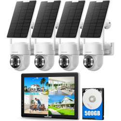 Camcamp Solar Überwachungskamera Set mit 10" Monitor &500GB Festplatte, 2K PTZ Solar Kamera Aussen Wlan,10CH NVR,HDMI