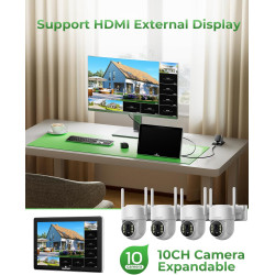Camcamp Solar Überwachungskamera Set mit 10" Monitor &500GB Festplatte, 2K PTZ Solar Kamera Aussen Wlan,10CH NVR,HDMI