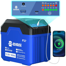 DCHOUSE Bluetooth Lithium Batterie 12V 100AH LiFePO4 mit Leuchte,USB-A, DC,USB-C Anschlüssen, 100A BMS,Grade A Batteriezellen