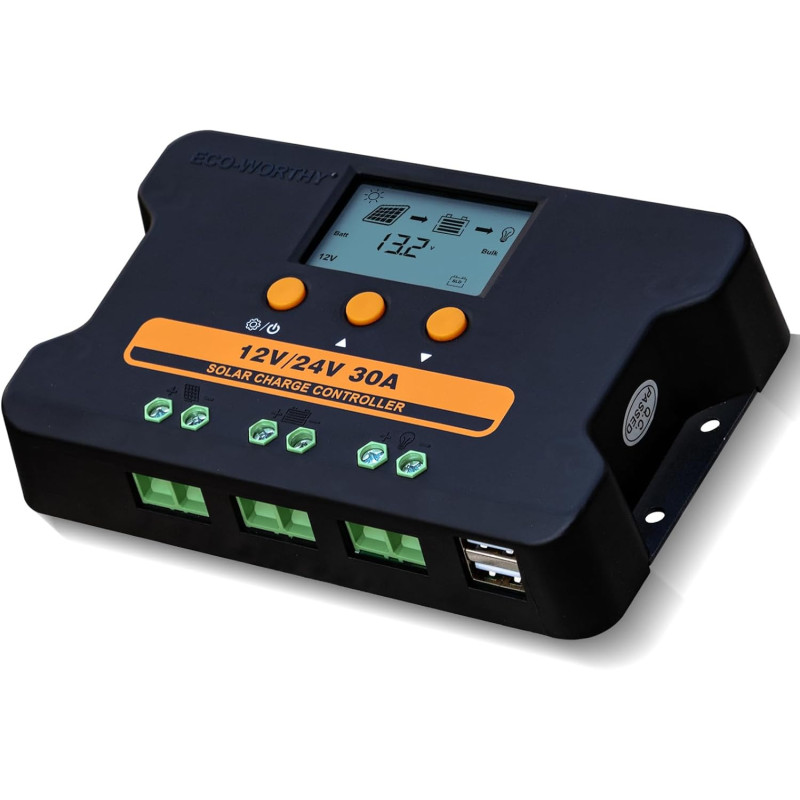 ECO-WORTHY aufgerüstet 30A Solar Laderegler 12V/24V, Solar Ladegerät Controller PWM kann Batterieparameter Individuell Anpassen